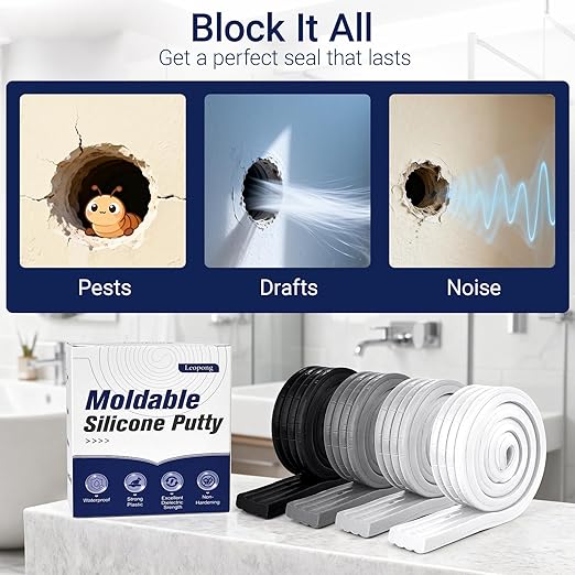 Moldable Waterproof Silicone Putty for Bathroom Wall & Pipe Gaps, Reusable & Pliable Repair Sealant (White)