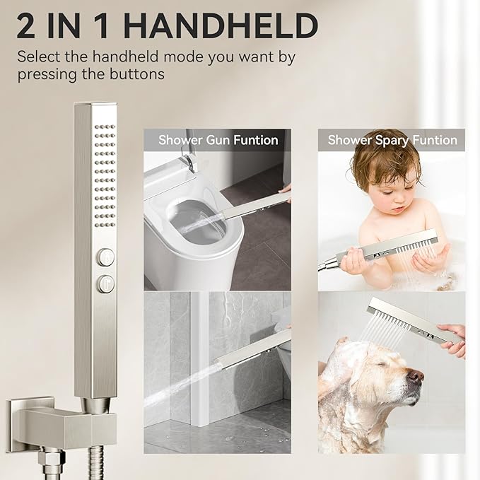 Shower Faucet Set Brushed Nickel Shower System,STARBATH 12+8" Rainfall Shower Head with Handheld 2 Spray High Pressure, Push Button Diverter Shower Valve Can Run All Together