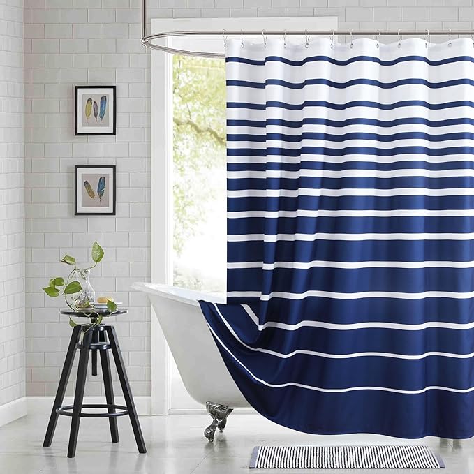 Blue Shower Curtain 78 Inches Long, Modern Navy Blue and White Stripe Waterproof Polyester Shower Curtains for Bathroom, 72x78 Inches