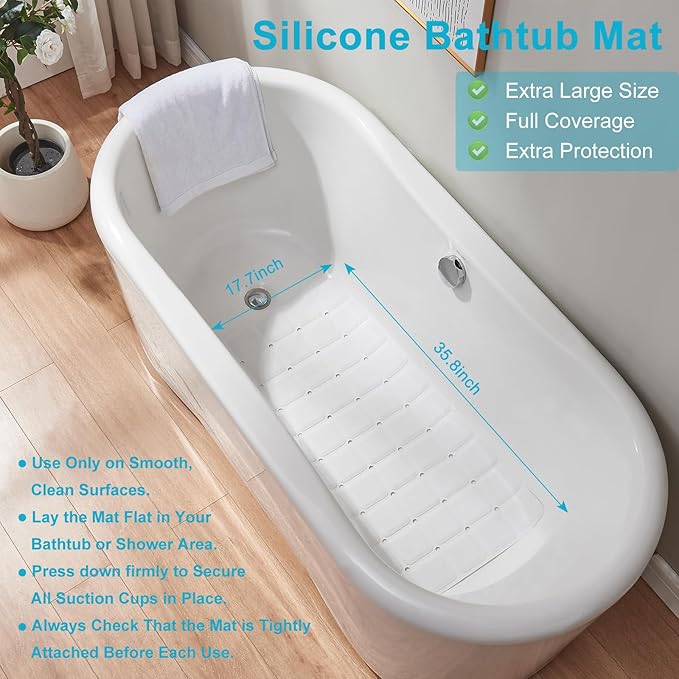 Non-Slip Bath Mat for Tub & Shower：Silicone Foldable Bathtub Mat with Strong Suction Cups, Quick Drain Holes, Machine Washable Extra Large Bathroom Mats 35.8" x 17.7", White
