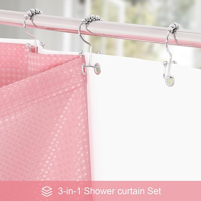 3 in 1 Extra Long Pink Shower Curtain Set-72 W x 84 H, Modern Waffle and PEVA Liner Set with 12 Stainless Steel Hooks, Waterproof Fabric for Bathroom