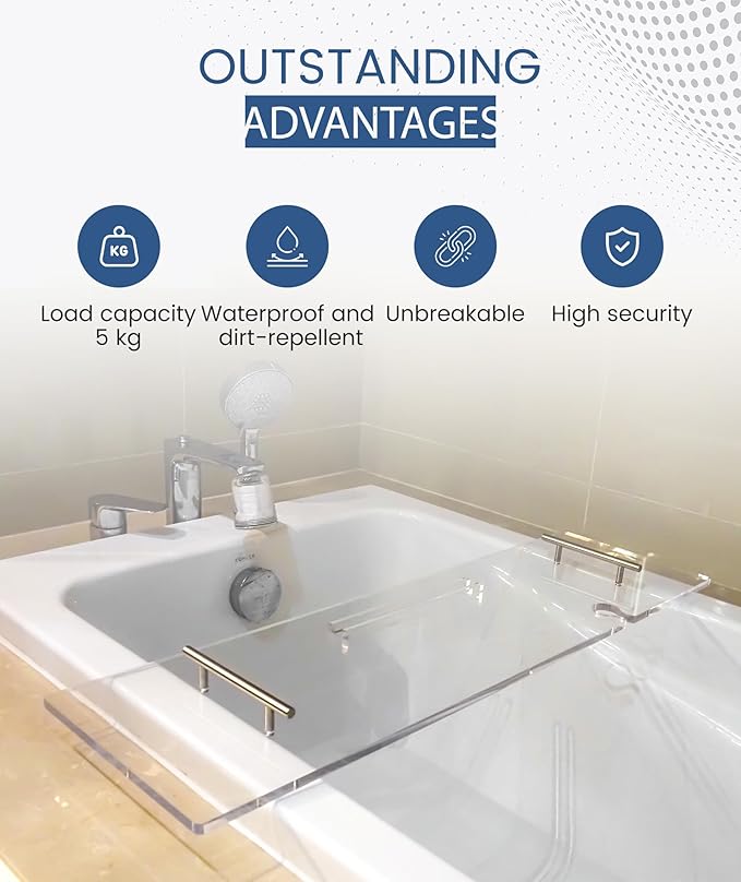 Acrylic Bathtub Tray Bathtub Tray Caddy Bath Tray Table for Tub Luxury Spa with Book and Wine Glass Holder Bathroom Accessories for Decorative Bathtubs, Transparent 31.5inch