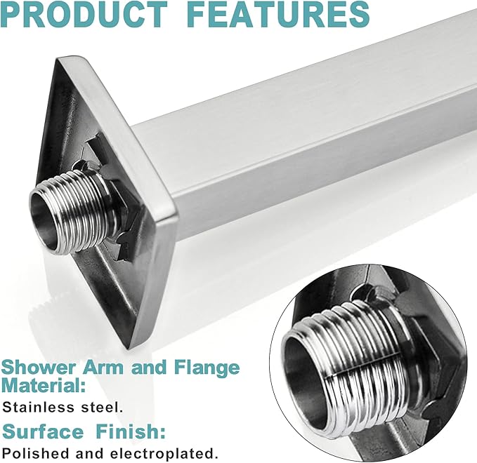 BESTILL 10 Inch Brushed Nickel Ceiling Mount Shower Arm and Flange, Square Rain Shower Arm
