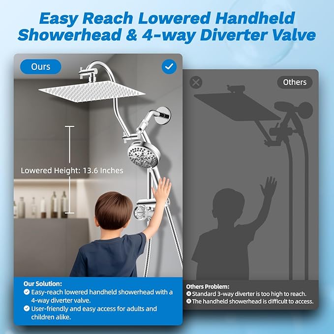 Hibbent cUPC Certified All Metal 12" Rainfall Showerhead Combo, High Pressure Shower Head with 10-Spray Mode Handheld, Innovative 4-way Diverter with Pause Mode, 71'' Shower Hose and Holder, Chrome