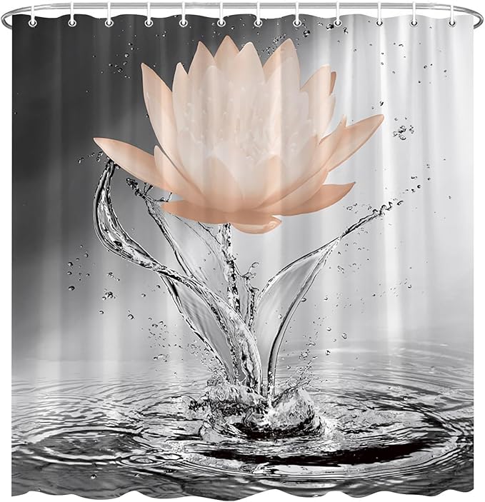 Lotus Shower Curtain Black White Grey Orange Flower Elegant Blooming Floral with Dew Spring Flower Reflection on Water Modern Romantic Polyester Fabric Bathroom Decor 108×70 Inch with Hook
