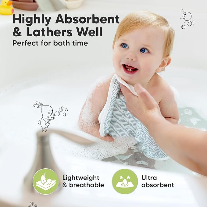 6-Pack Cotton Baby Washcloths for Newborn - Organic Cotton Muslin Soft Wash Cloths for Babies, Infant, Kids, Toddler Towels for Boy, Girl, Super Absorbent Face Cloths, Scratch-Free Baby Rags (Nordic)