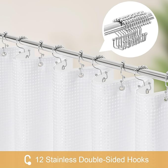 3 in 1 Extra Long Shower Curtain Set-72 W x 84 H, White Waffle and PEVA Liner Set with 12 Stainless Steel Hooks, Waterproof Fabric for Bathroom