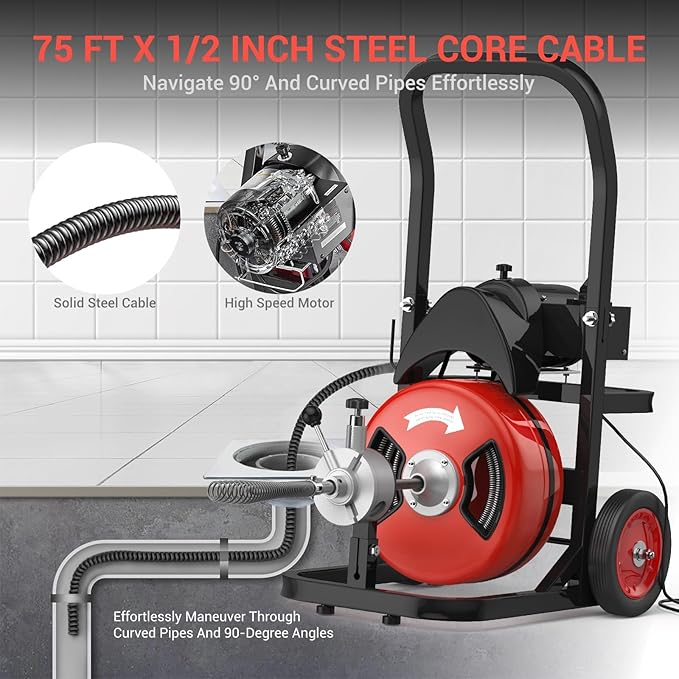 75 ft 1/2 in Cable Drain Cleaning Machine, 450W Auto Feed Portable Electric Sewer Snake, Electric Drain Auger with 6 Cutter Air-Activated Foot Switch for 2 in to 4 in Pipes