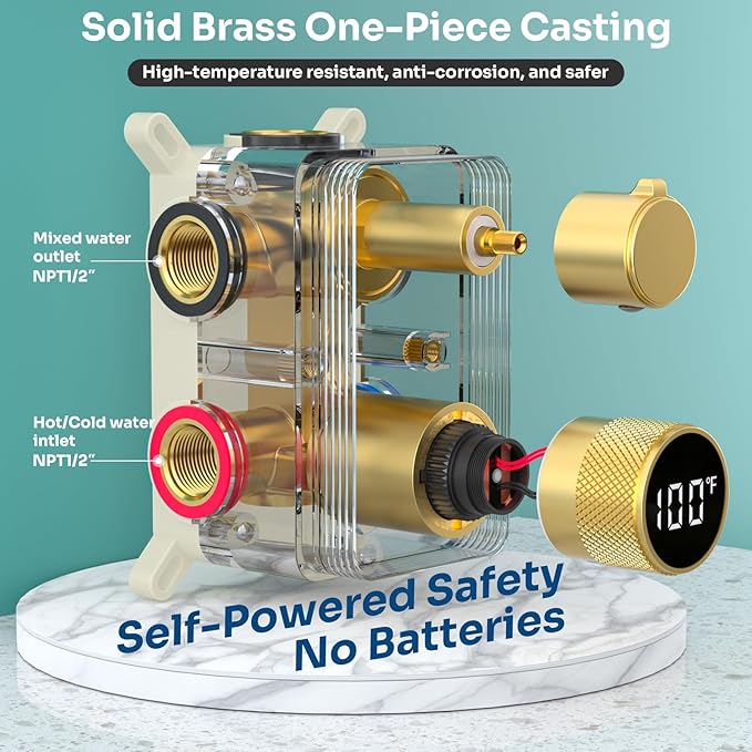 Digital Shower Valve 3 Way Diverter Temperature Display Shower Mixer 3-Function Brass Rough-in and Rectangle Brushed Gold Trim Kit