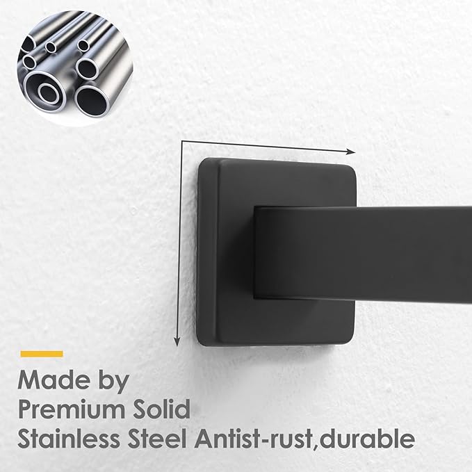 BESy 20 Inches Straight Extended Shower Arm With Flange, Rain Shower Head Extension Arms, Square Rod Head Extender Shower Pipe Extension, Wall-Mounted Matte Black Stainless Steel
