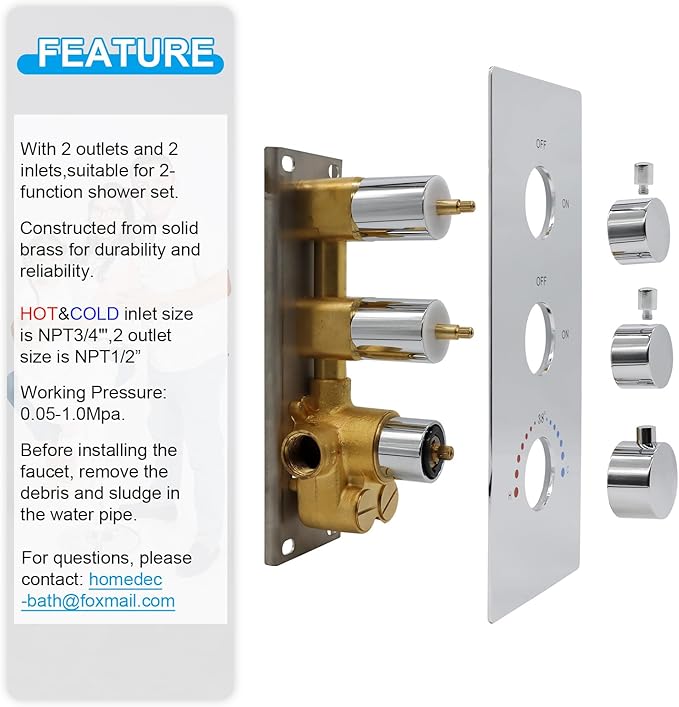 2 Way Shower Diverter Valve Brass 2 Functions Thermostatic Shower Mixing Valve Kit 3 Handle Flow Control Valve, 3/4 Inch Inlet, Can Run Simultaneously(Chrome)