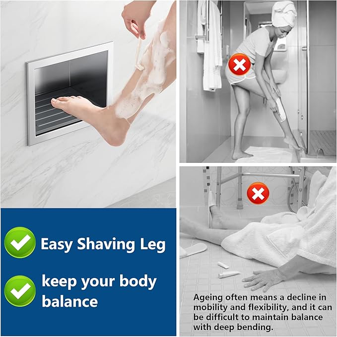 Shower Foot Rest for Shaving Legs, 304 Stainless Steel Footrest Niche with Shaving Holder, Recessed Shower Niche for Shaving Legs, Matte Black