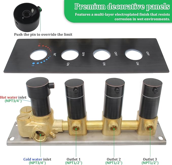 HOMEDEC Oil Rubbed Bronze 3 Way Shower Diverter Valve Brass Three Functions Thermostatic Shower Mixing Valve Kit 3 Handle Flow Control Valve