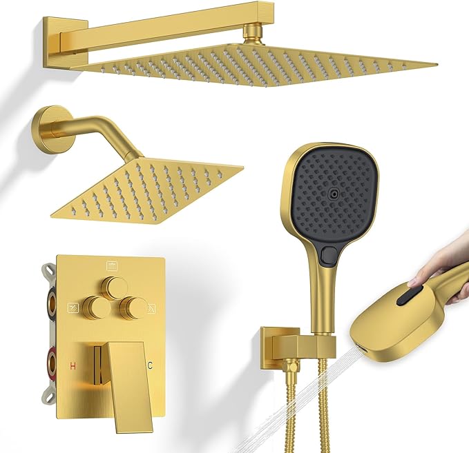 Shower Faucet Set Brushed Gold Shower System, Push Button Diverter 3-Way Shower Valve Kit, Wall Mount 12 Inch Overhead Shower Head with 6 Inch Side Spray Shower Head, 4 Modes Flow Handheld Shower