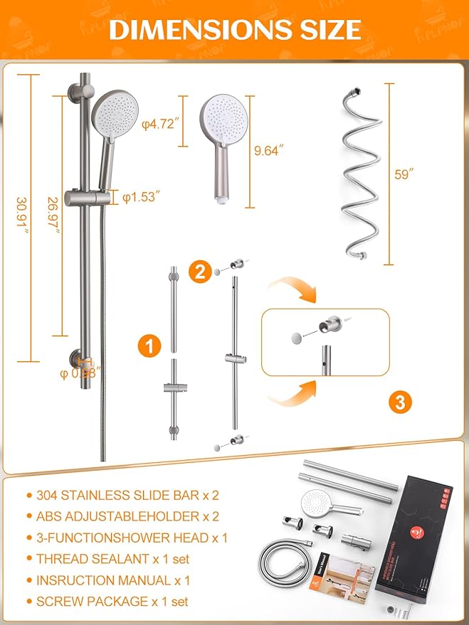 Handheld Shower Head with Slide Bar, 2.5GPM High Pressure 3-Function Adjustable Handheld Shower Head with 59-Inch Hose and Adjustable Holder (Nickel)