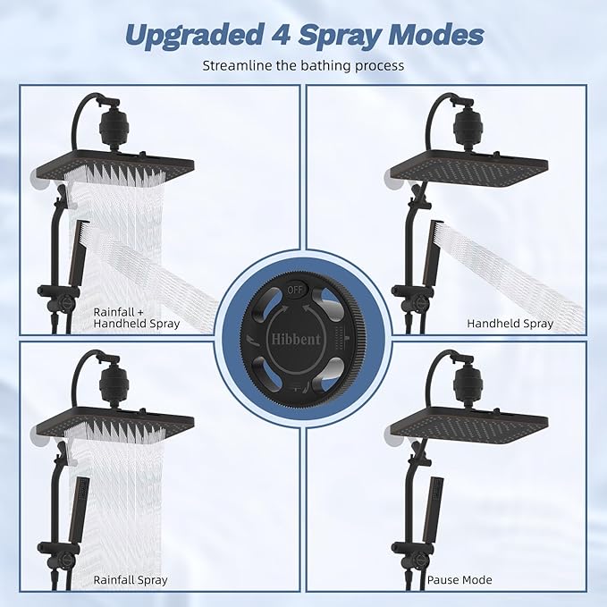 Hibbent 5-spray Filtered Rainfall Shower Head Combo, High Pressure 13'' Showerhead with Stainless Steel 4 Spray Modes Handheld, All Metal 4-way Diverter Arm, 71'' Hose & Holder, Oil-Rubbed Bronze