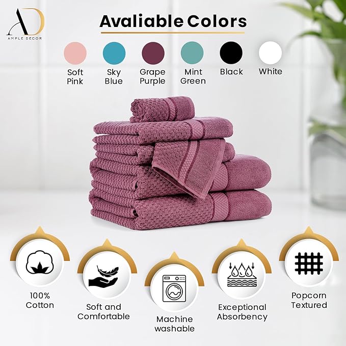 Ample Decor Bath Towels for Bathroom Set of 4 100% Cotton Popcorn Textured - Quick Dry, Highly Absorbent, Oeko-TEX Certified, Machine Washable - Mulaayam Collection - Grape Purple - 30 X 54 Inch