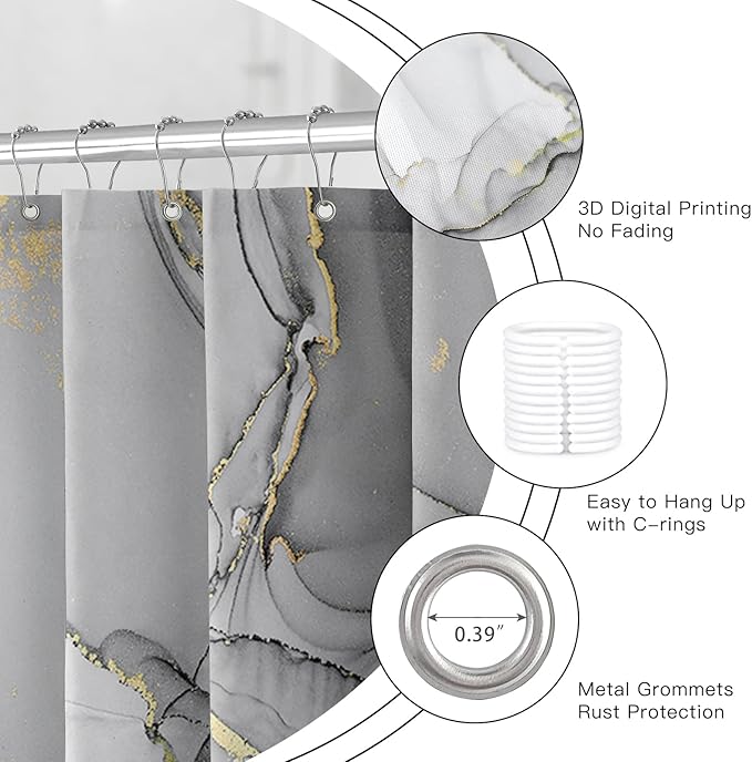 Grey Marble Shower Curtain 60x72, Modern Abstract Fabric Shower Curtains for Bathroom, Luxury Art Ink Texture Watercolor Cloth Shower Curtain Set with Hooks
