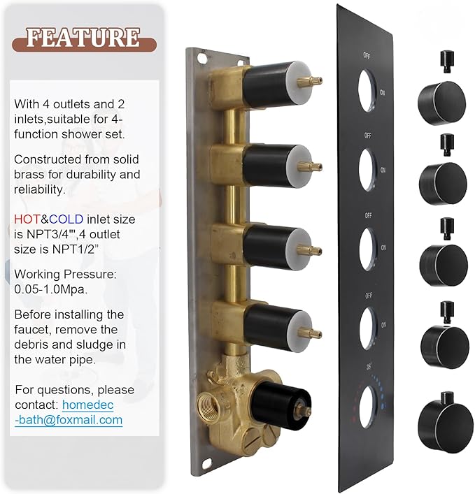 HOMEDEC Black 4-Function Shower Diverter Valve, 4 Ways Thermostatic Brass Mixer Mixing Shower Valve, Can Use All Options At a Time