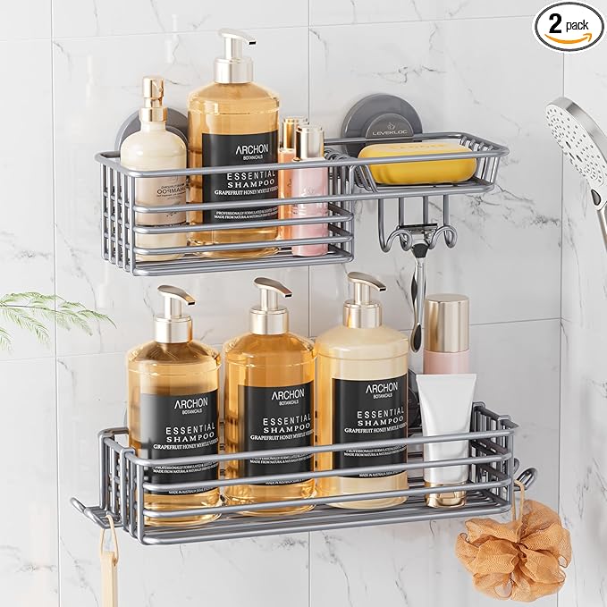 LEVERLOC Shower Caddy Suction Cup, 2 Pack Shelves for Inside with Hooks and Soap Holder, NO-Drilling Bathroom Holder, Rustproof Meatl Bathroom Organizer, Grey