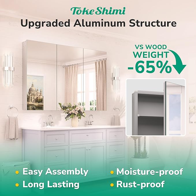 TokeShimi 48x24 Bathroom Medicine Cabinet with Mirror Tempered, Aluminum Silver Mirrored Medicine Cabinet Recessed or Surface Mount with Adjustable Storage Metal for Modern Farmhouse