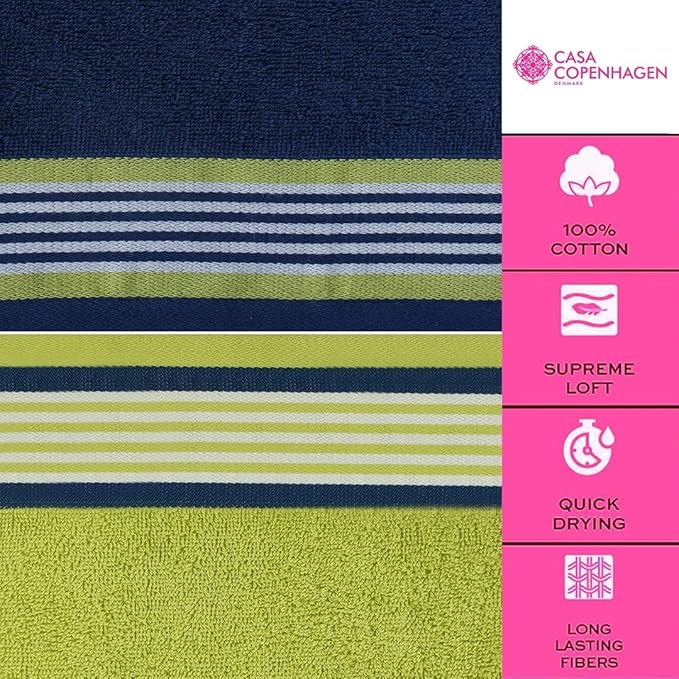 CASA COPENHAGEN He & She 6 Pieces Towel Set- California Blue + Green, 550 GSM 2 Bath Towel 2 Hand Towel 2 Washcloth, Designed in Denmark Made of Soft Egyptian Cotton for Bathroom, Kitchen & Shower