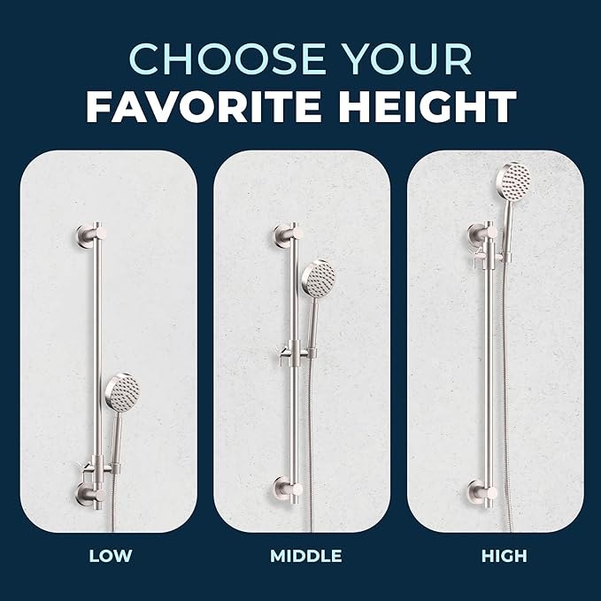 HammerHead Showers® Solid Metal 27.5 Inch Shower Slide Bar Set and Handheld Shower Head with Hose — BRUSHED NICKEL — 2.5 GPM High Pressure Spray Wand — Easily Adjust Height & Angle of Handshower