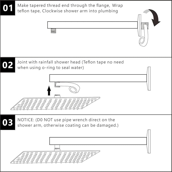 Voolan 16" Square Shower Arm with Flange and Teflon Tape, Extension Shower Head Arm for Bathroom Fixed Shower Head, Solid Stainless Steel, Wall Mounted (Chrome)
