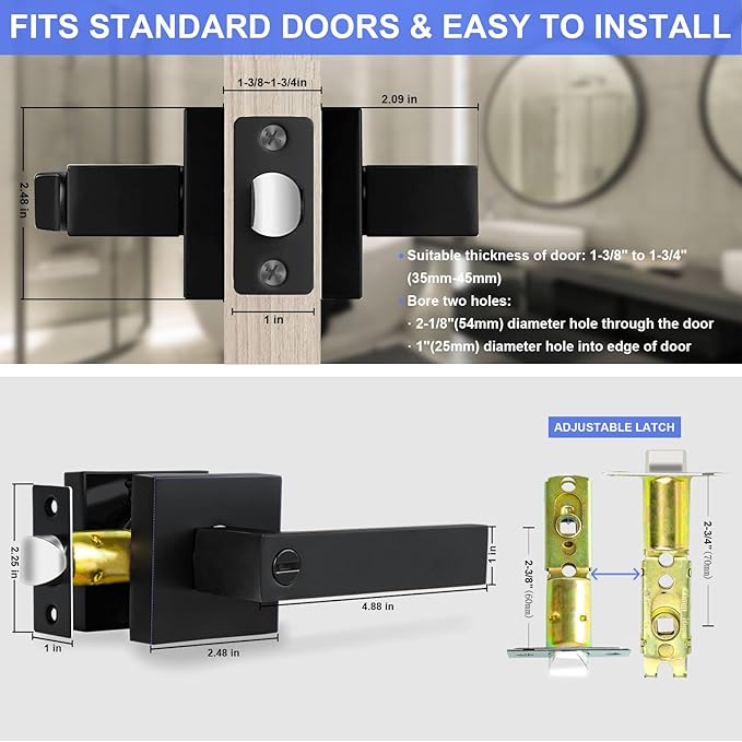 Privacy Door Levers, 6 Pack Matte Black Door Handles, Bed and Bath Door Locksets Heavy Duty Keyless Interior Handles, Reversible for Left Right Handed Doors
