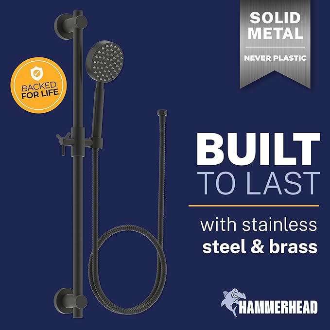 HammerHead Showers® Solid Metal 27.5 Inch Shower Slide Bar Set and Handheld Shower Head with Hose — MATTE BLACK — 2.5 GPM High Pressure Spray Wand — Easily Adjust Height & Angle of Handshower