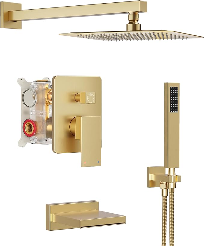 Gold Shower System with Tub Spout, All Metal Tub Shower Faucet Set with 10" Rain Shower Head and Handheld Spray combo, Wall Mounted Tub Shower Systems with Valve and Trim Kit, Brushed Gold