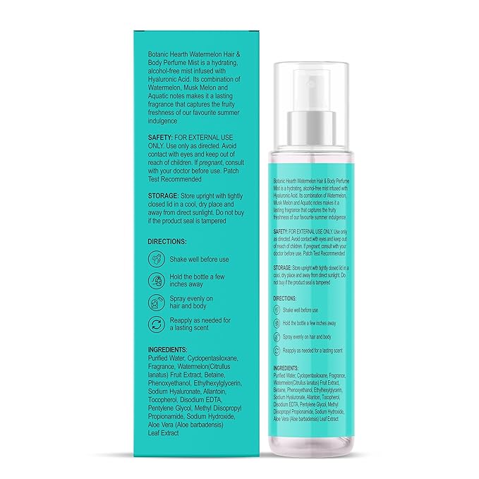 Botanic Hearth Watermelon Hair Perfume & Body Perfume Mist with Hyaluronic Acid, Alcohol-Free, Refreshing & Hydrating Body Spray, Long Lasting Fruity Fragrance, 100 ml / 3.4 fl oz
