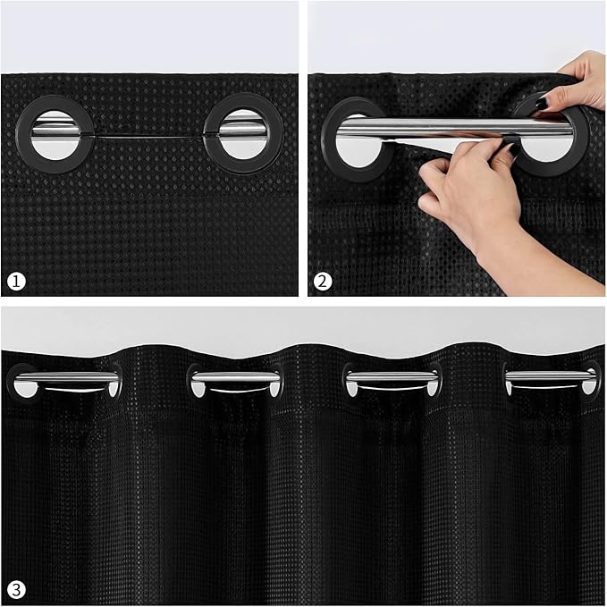 MitoVilla No Hooks Needed Extra Long Shower Curtain Liner Set, 86 inch XL Black Waffle Heavyweight Fabric Cloth Shower Curtains Set with Snap-in Liner for Modern Luxury Hotel & Spa Bathroom Decor