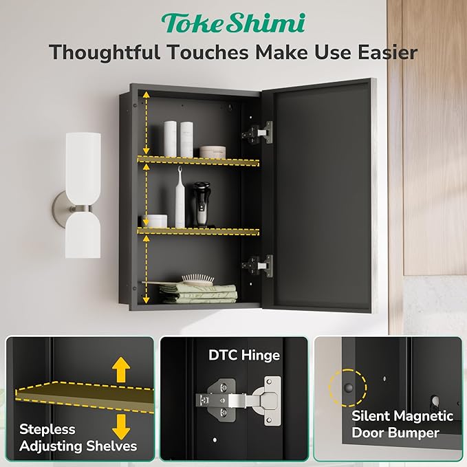 TokeShimi 16x24 Beveled Mirrored Medicine Cabinet Wall Mounted or Recessed Medicine Cabinet with Mirror for Bathroom Brushed Nickel, Aluminum Framed Metal Mirror with Storage Adjustable