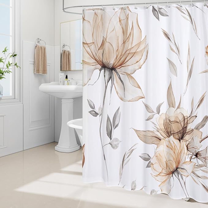 Small Stall Boho Watercolor Floral Shower Curtain 36 x 72, Brown and Grey Ink Painting Style Flower Shower Curtains for Chic Elegant Bathroom, Tan Artistic Narrow Half Size Shower Curtain