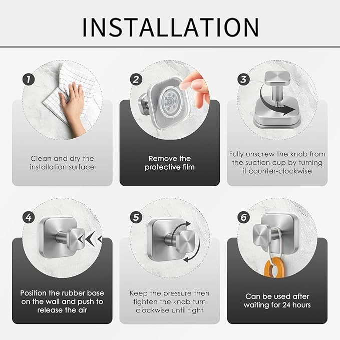4Pcs Square Suction Cup Hook, 304 Stainless Steel Shower Hook, Removable Suction Cup Knob for Shower, Bathroom, Kitchen, Glass Door, Mirror (Black)