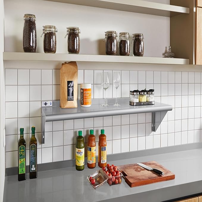 Profeeshaw NSF Stainless Steel Shelf 12” x 36”, 250 lb Commercial Shelves Wall Mounted Metal Shelving with Backsplash and 2 Brackets for Restaurant, Bar, Utility Room, Kitchen and Garage
