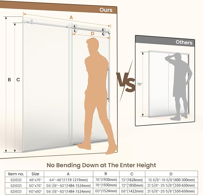 Bathbliss Glass Shower Door 44"-48" Wx76 H,Frameless Sliding Glass Door with 5/16"(8mm) Tempered Glass Shower with Brushed Nickel Finish