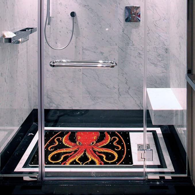 Bathtub Mats for Shower Tub, Anti-Slip Bath Mats for Inside Tub, Bathroom Shower Mats with Drain Holes and Suction Cups (Aesthetic Red and Yellow Octopus Black Background)