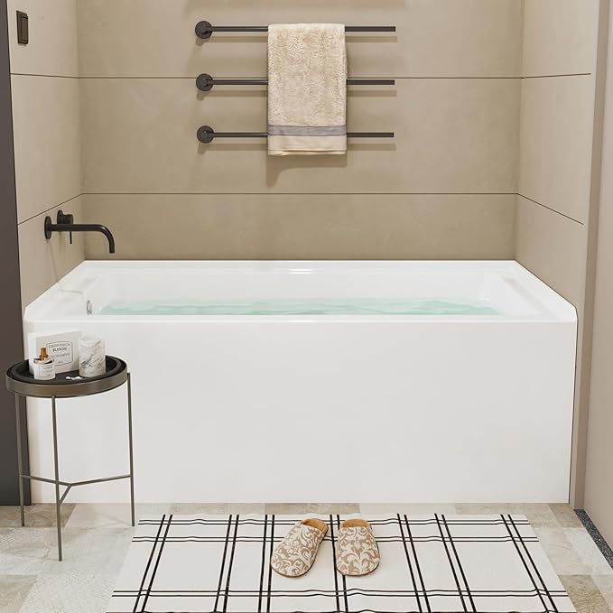 60x30 Inch Acrylic Bathtub, Single Apron Alcove Soaking Tub with Left-Side Overflow & Drain, Space-Saving Built-In Design, Easy Install for Modern Bathrooms