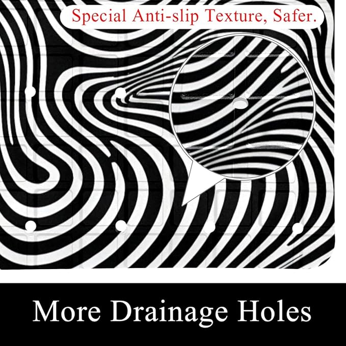 Bath Tub and Shower Mats, Non Slip Bathmat with Drain Holes and Suction Cups for Bathroom Floor, 15.1 x 26.8 Inch (Black and White Abstract Art Lines Pattern)