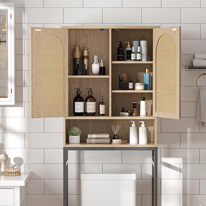Rattan Toilet Storage Cabinet, Over The Rack Wood Cabinet with Metal Stand, Bathroom Organizer with Adjustable Shelf, Tall Freestanding Washer Shelf, Small Cupboard, Natural