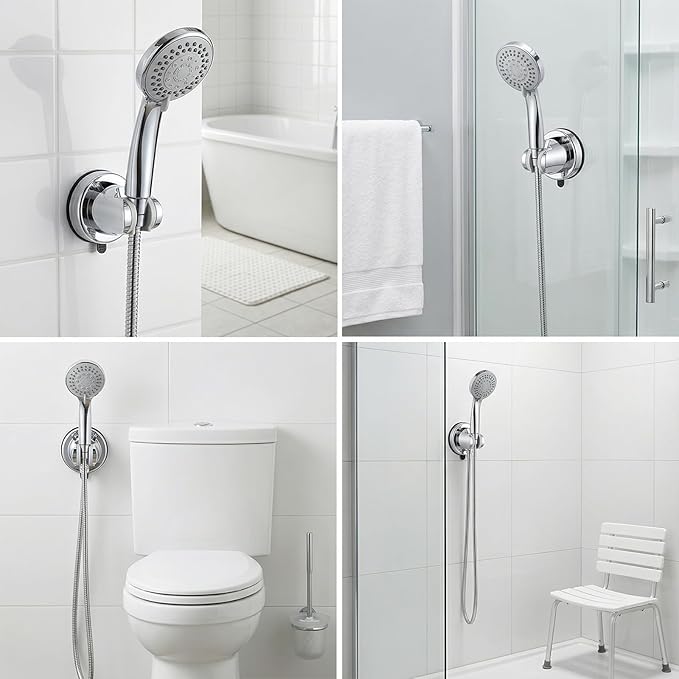 Shower Head Holder, No Drill Wall Mount Handheld Shower Wand Hose Holders Universal 360° Adjustable Removable Showers Head Holder Suction for Bathroom, Chrome Finish