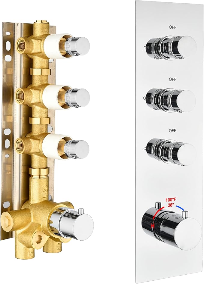 3-Way Chrome Shower Diverter Valve | Thermostatic Brass 3-Function Mixer | Individual On/Off Flow Control for Shower Arm & Shower Kit