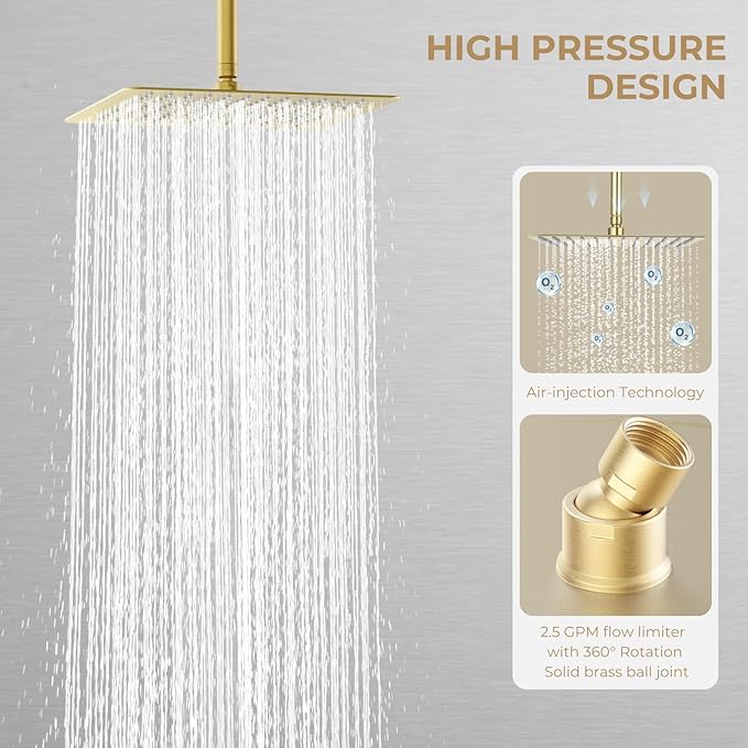 High Pressuer Square Rain Shower Head, Ultra Thin, SUS304 Stainless Steel, Universal Any Decorative Style, All Metal Rainfall Shower Head, Brushed Gold, 2.5 Gpm, 12 inch