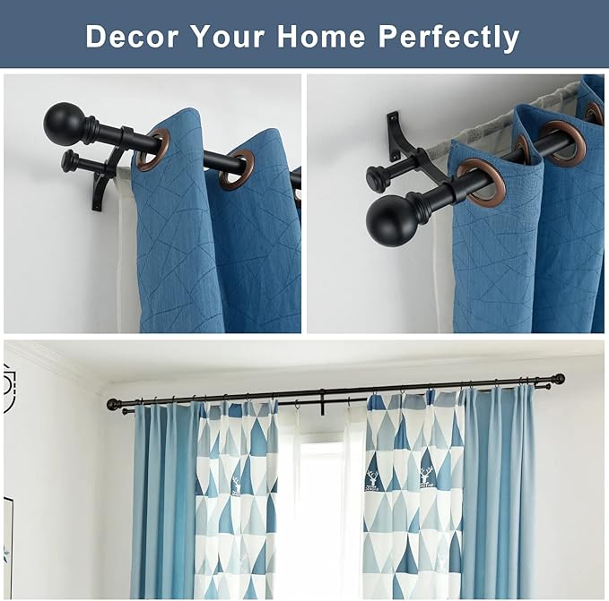 Double Curtain Rod 84 to 120 inch, Adjustable 1 inch Double Drapery Rod Rods for Windows and Doors with Ball Round Finials and Premium Aluminum Brackets Set (84-120",Matte Black)