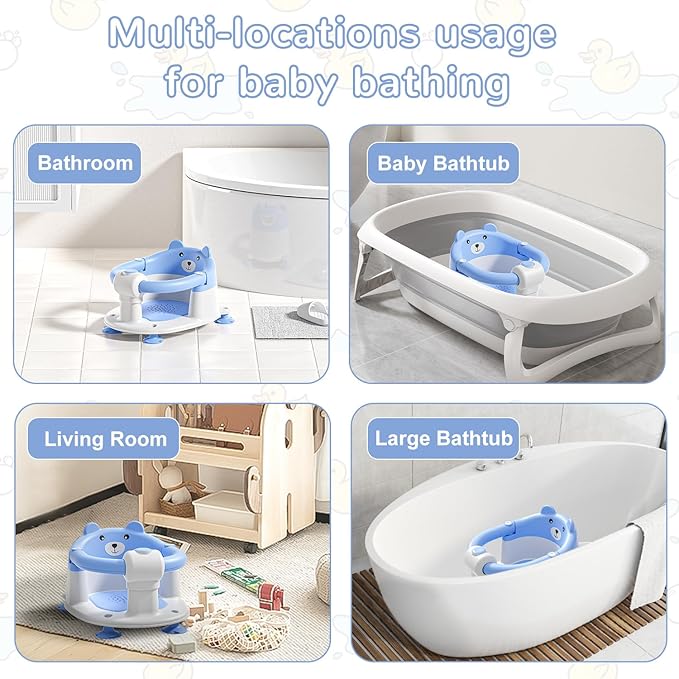 Baby Bath Seat for Babies 6 Months & up, Non-Slip Toddler Bath Seats for Babies Sitting Up, Safe Infant & Newborn Bathtub Chair with 4 Suction Cups & Soft Cushion for Shower,Blue