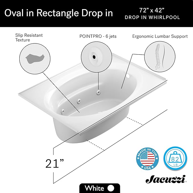 Jacuzzi SIGNATURE Acrylic Drop-In Bathtub, Jet Massage Tub, Slip Resistant, Left Drain Placement, 72" (L) x 42" (W), Oval In Rectangle, White