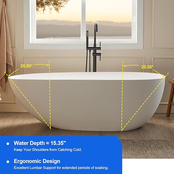 Cpingao 55" Stone Resin Freestanding Bathtub Contemporary Soaking Matte White Tub with Drain and Overflow, 8848-1400