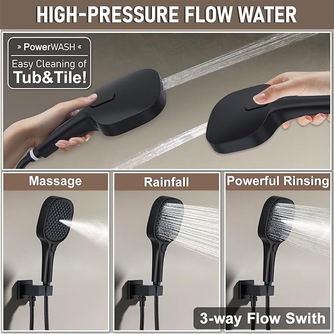 Shower Faucet Set Matte Black Shower System, Push Button Diverter 3-Way Shower Valve Kit, Wall Mount 12 Inch Overhead Shower Head with 6 Inch Side Spray Shower Head, 4 Modes Flow Handheld Shower